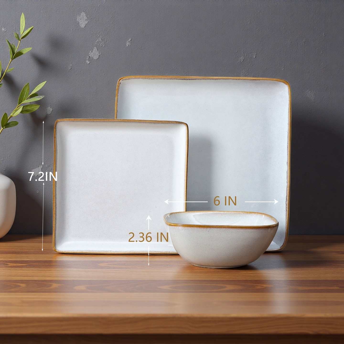 Onader Square Dinnerware Sets for 4, 12-Piece Plates and Bowls Sets, Reactive Glaze Dish Set, Chip and Scratch Resistant, Microwave and Dishwasher Safe, Seashell White