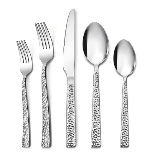 Vesteel 60-Piece Hammered Silverware Set, Stainless Steel Square Flatware Tableware Cutlery Set Service for 12, Non-toxic & Dishwasher Safe