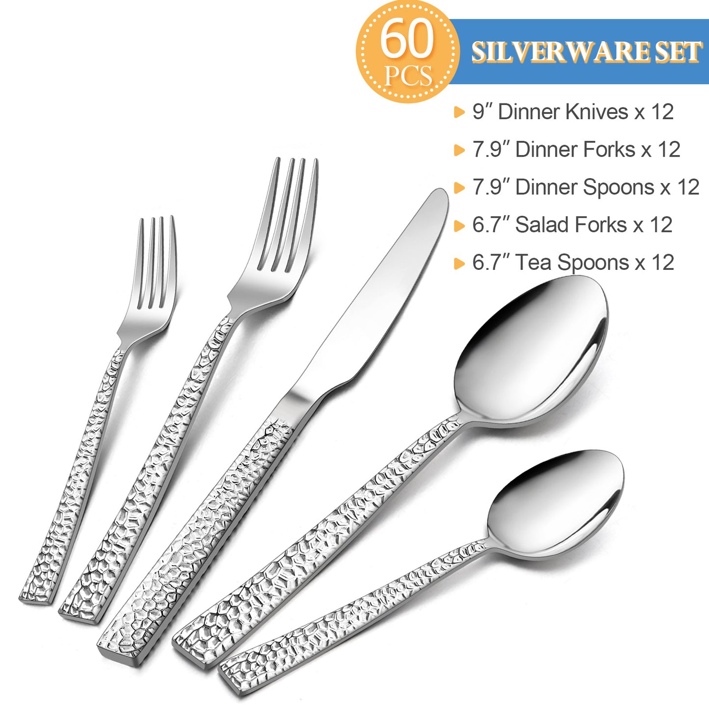 Vesteel 60-Piece Hammered Silverware Set, Stainless Steel Square Flatware Tableware Cutlery Set Service for 12, Non-toxic & Dishwasher Safe
