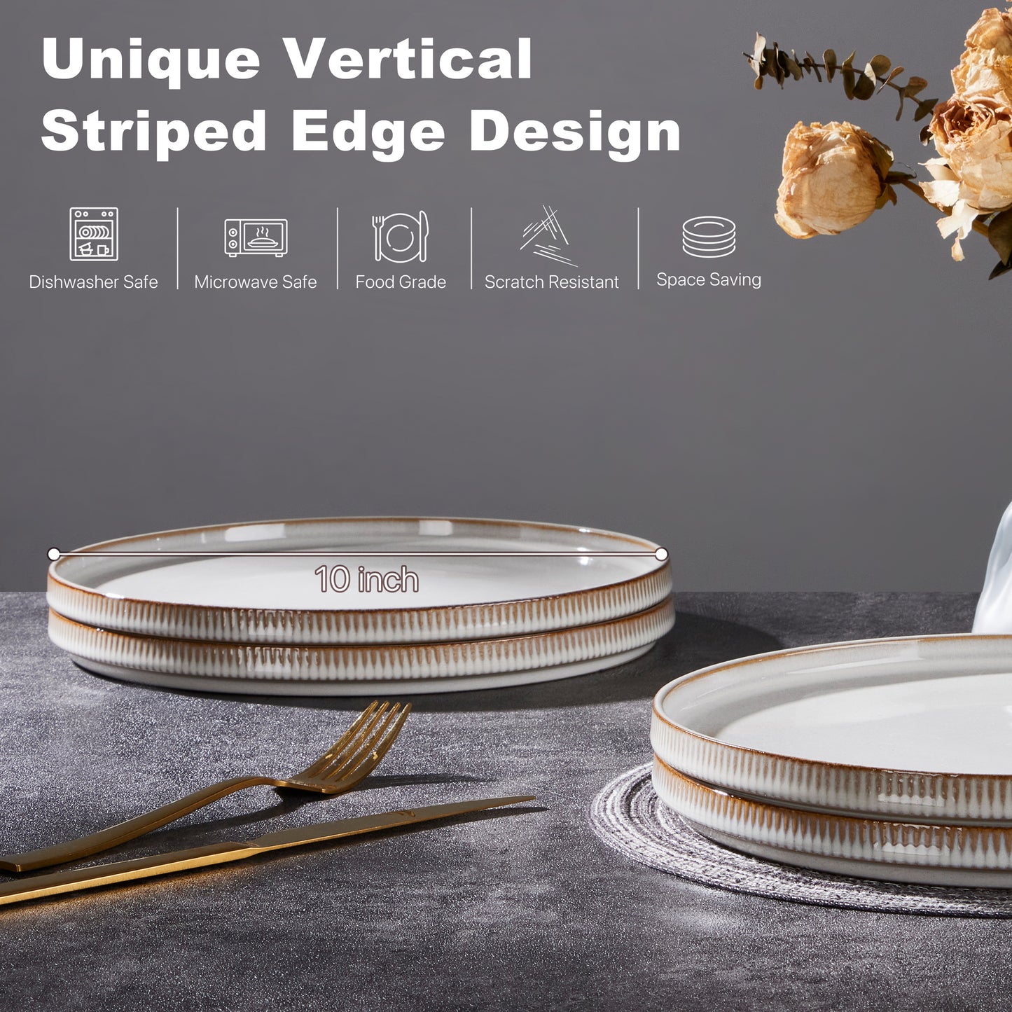 Vesteel 4 Pieces Dinner Plates Set, Premium Stoneware Ribbed Dishes, Chip & Scratch Resistant Ceramic Set for Home Restaurant, Microwave and Dishwasher Safe - Seashell White