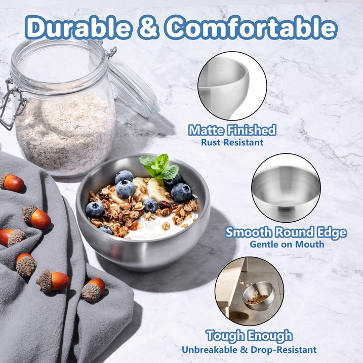 Vesteel 4-Pack Stainless Steel Kids Bowls, 12 oz Double-walled Toddlers Bowls, Insulated Metal Bowls for Dinner Lunch, Cereal, Snacks, Soup, Dishwasher Safe