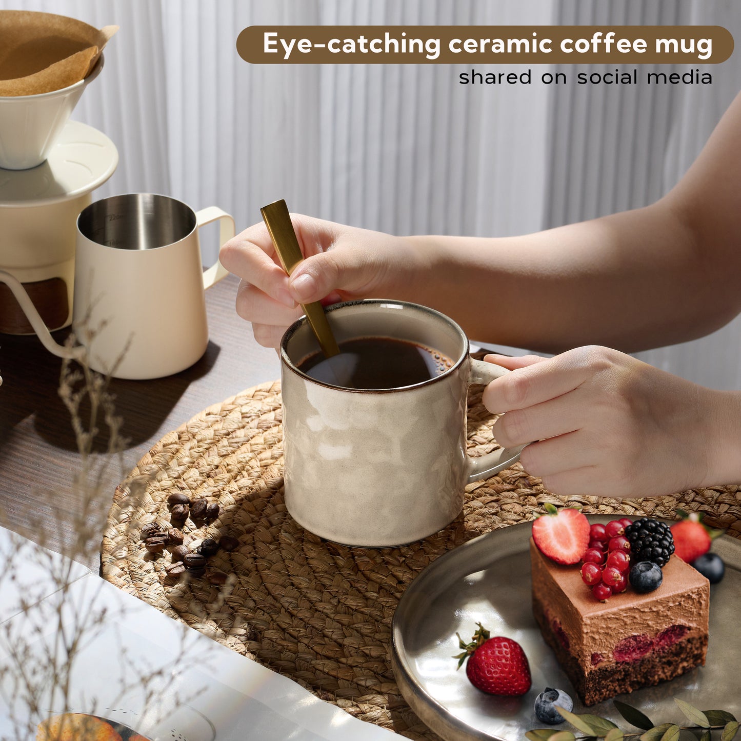 Vesteel Coffee Mug Set of 4, Ceramic Coffee Cups with Handles, 1oz Stoneware Mugs set for Coffee Tea Milk, Wave Design Mug Gifts for Home Office Restaurant, Khaki