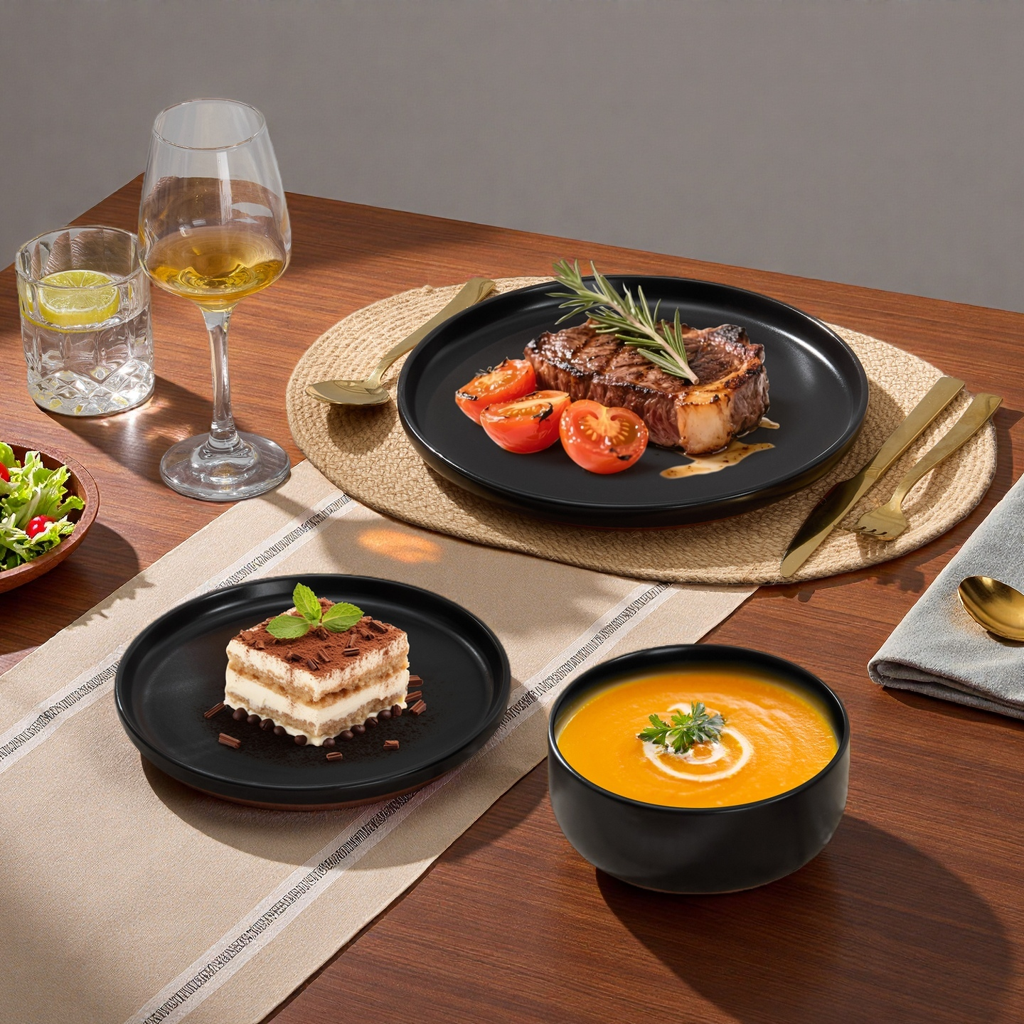 Onader 12-Piece Dinnerware Sets, Plates and Bowls Set for 4, Stoneware Dishware for Home Restaurant, Dishwasher & Microwave Safe, Matte Black