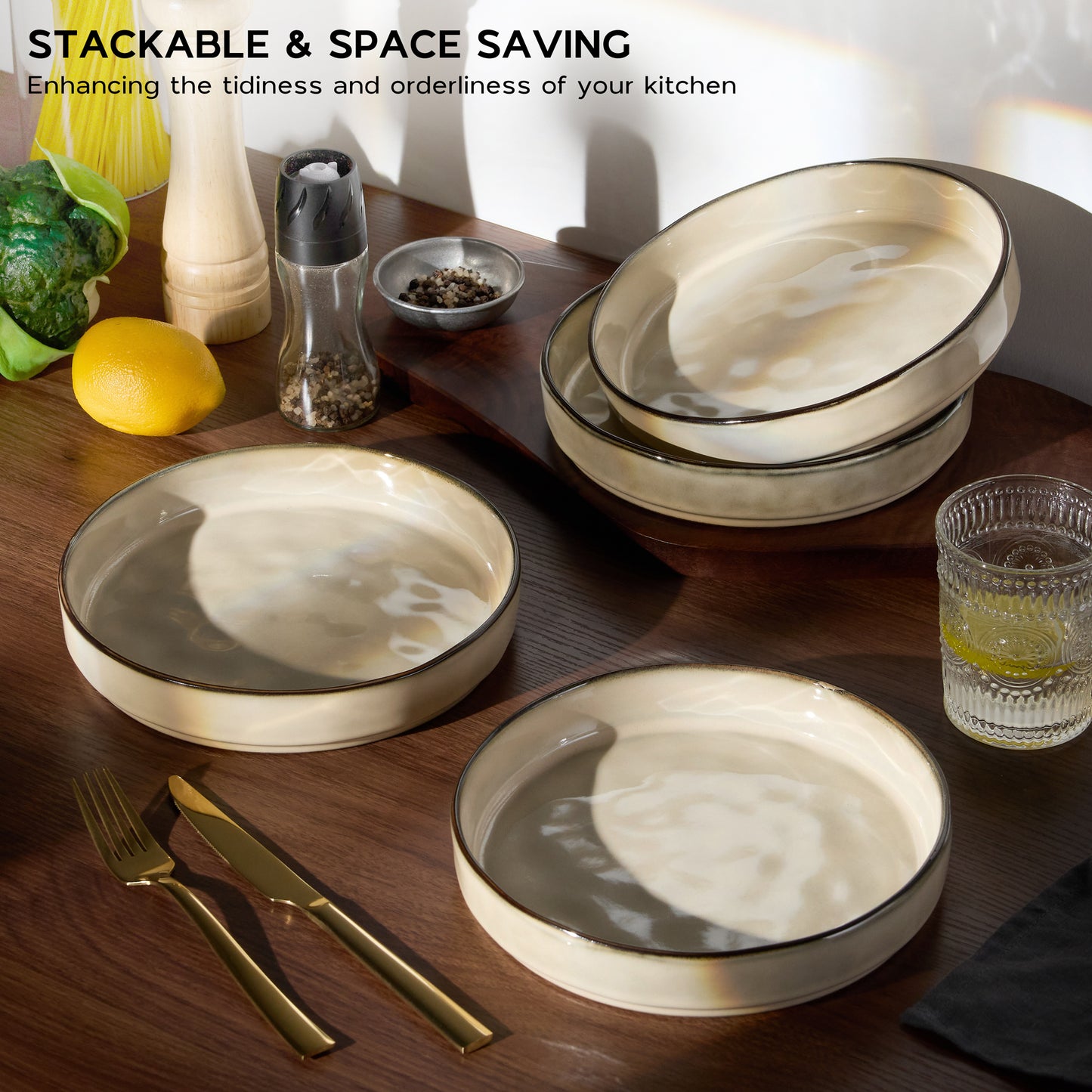 Vesteel Pasta Bowls Set of 4, 30oz Stoneware Salad Bowl, Large Dinner Bowls for Eating Serving Soup Noodle Pasta, Microwave & Dishwasher Safe, Khaki