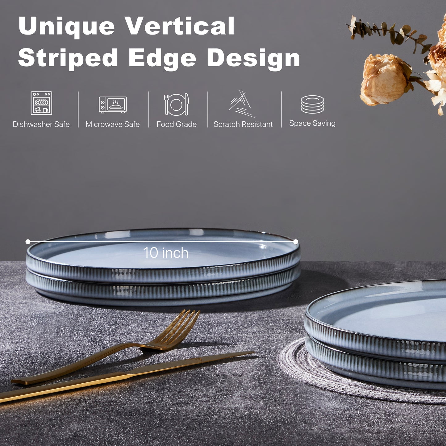 Vesteel 4 Pieces Dinner Plates Set, Premium Stoneware Ribbed Dishes, Chip & Scratch Resistant Ceramic Set for Home Restaurant, Microwave and Dishwasher Safe - Foggy Blue