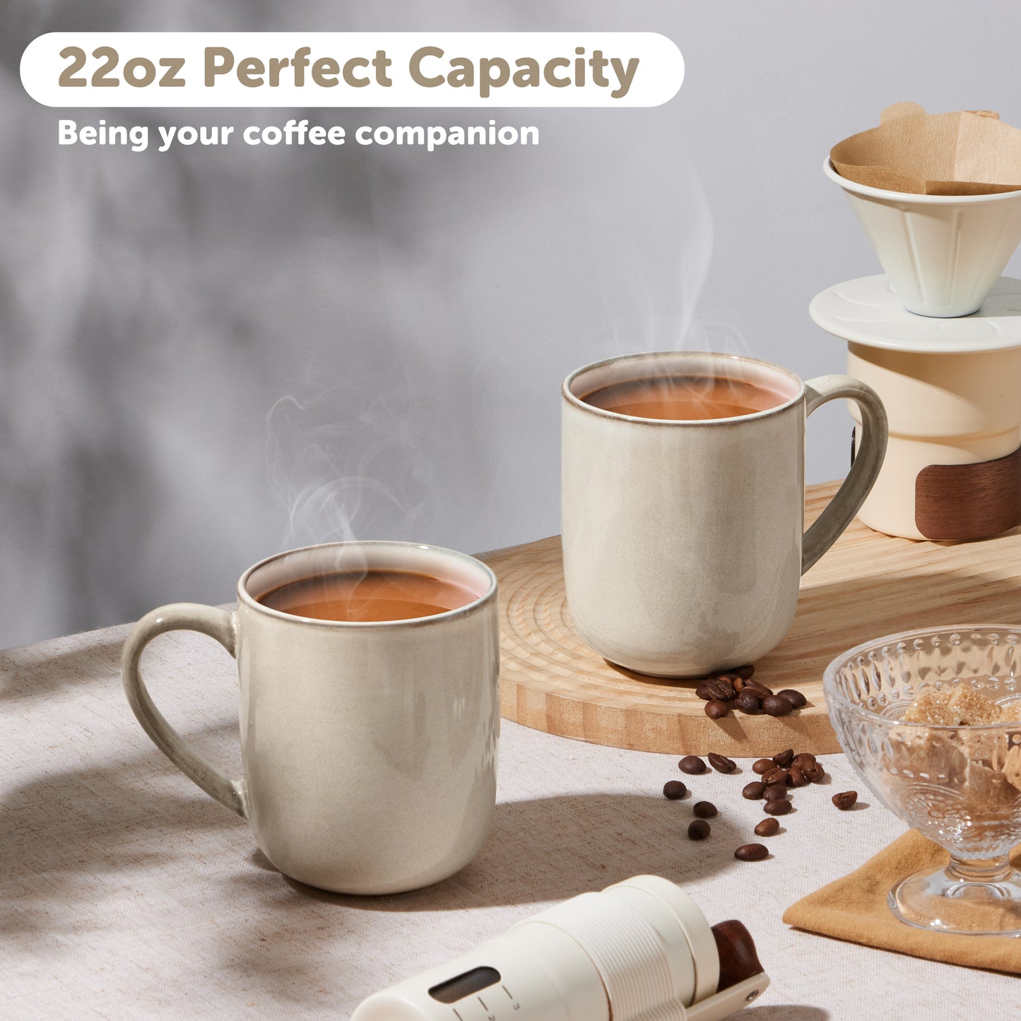 Vesteel Coffee Mug Set of 4, Ceramic Coffee Cups with Handles, 14oz Handmade Reactive Glaze Mugs Set for Coffee Tea Milk, Mug Gifts for Thanksgiving Day Anniversary, Khaki