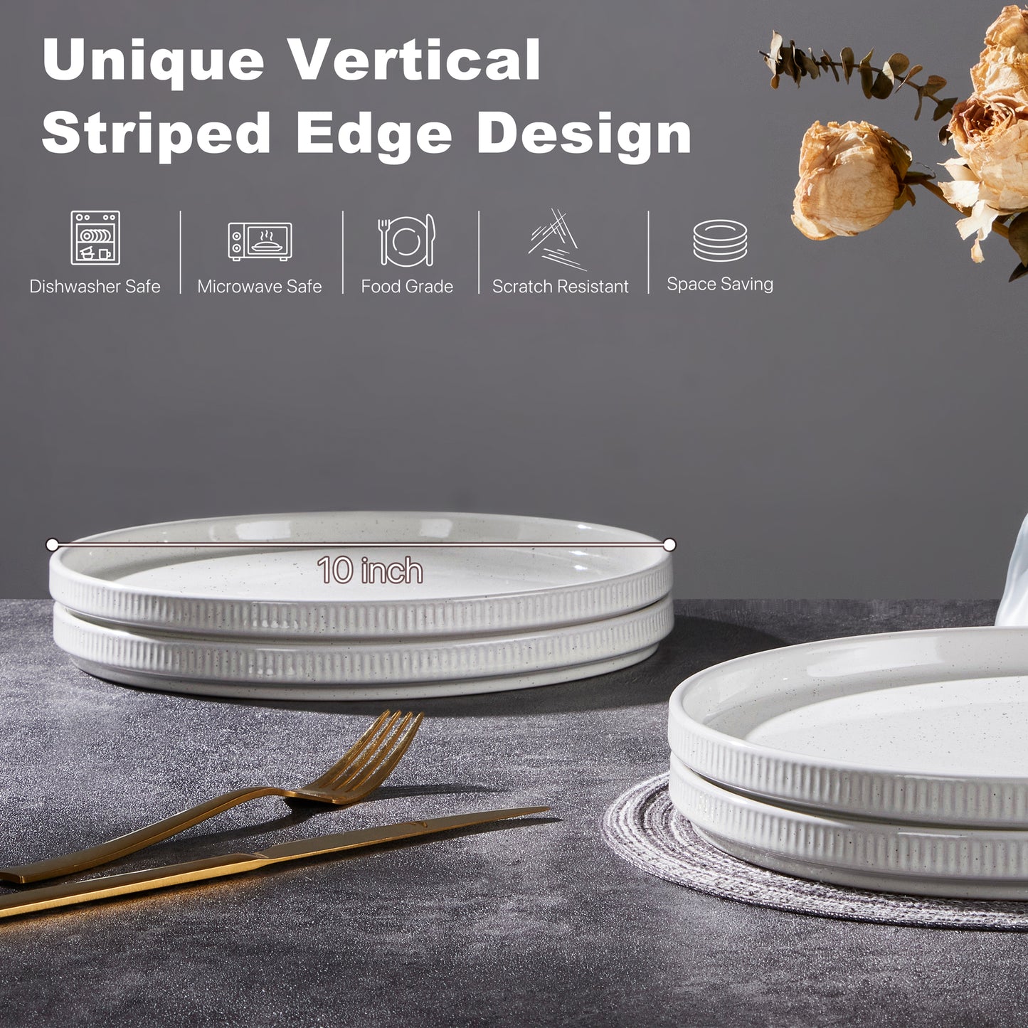 Vesteel 4 Pieces Dinner Plates Set, Premium Stoneware Ribbed Dishes, Chip & Scratch Resistant Ceramic Set for Home Restaurant, Microwave and Dishwasher Safe - Speckled White