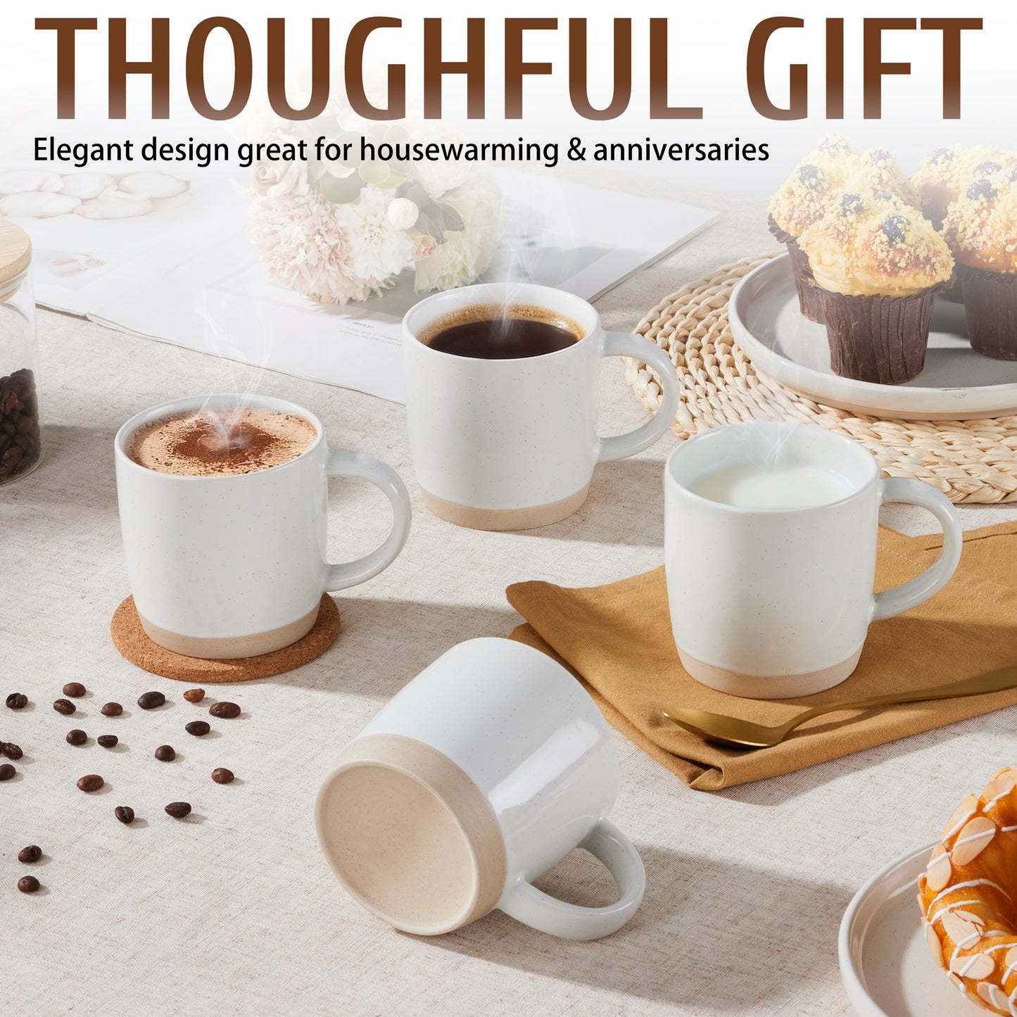 Vesteel Coffee Mugs Set of 4, 12oz Porcelain Coffee Cups with handle, Ceramic Stoneware Mug for Milk, Coffee, Hot Cocoa, Microwave & Dishwasher Safe, Speckled White