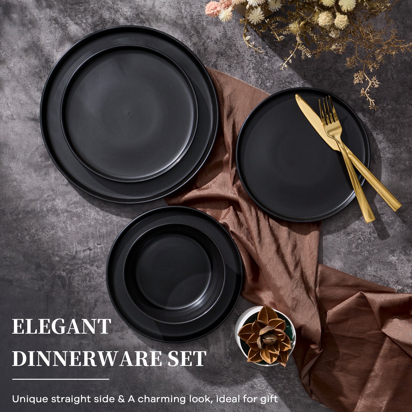 Vesteel Dinnerware Sets for 4, 12Pcs Stoneware Plates and Bowls Set, Elegant Tableware set for Home Restaurant, Chip & Scratch Resistant Dishes Set , Black