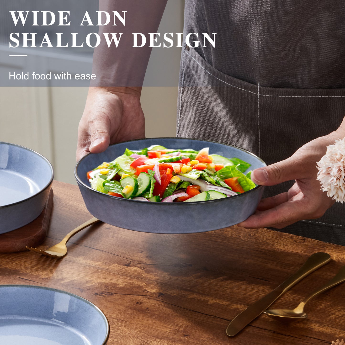 Vesteel Pasta Bowls Set of 4, 34oz Salad Plates for Home Kitchen, Double Reactive Glaze Large Wide Ceramic Bowls for Serving Dinner, Microwave & Dishwasher Safe, Grayish Blue