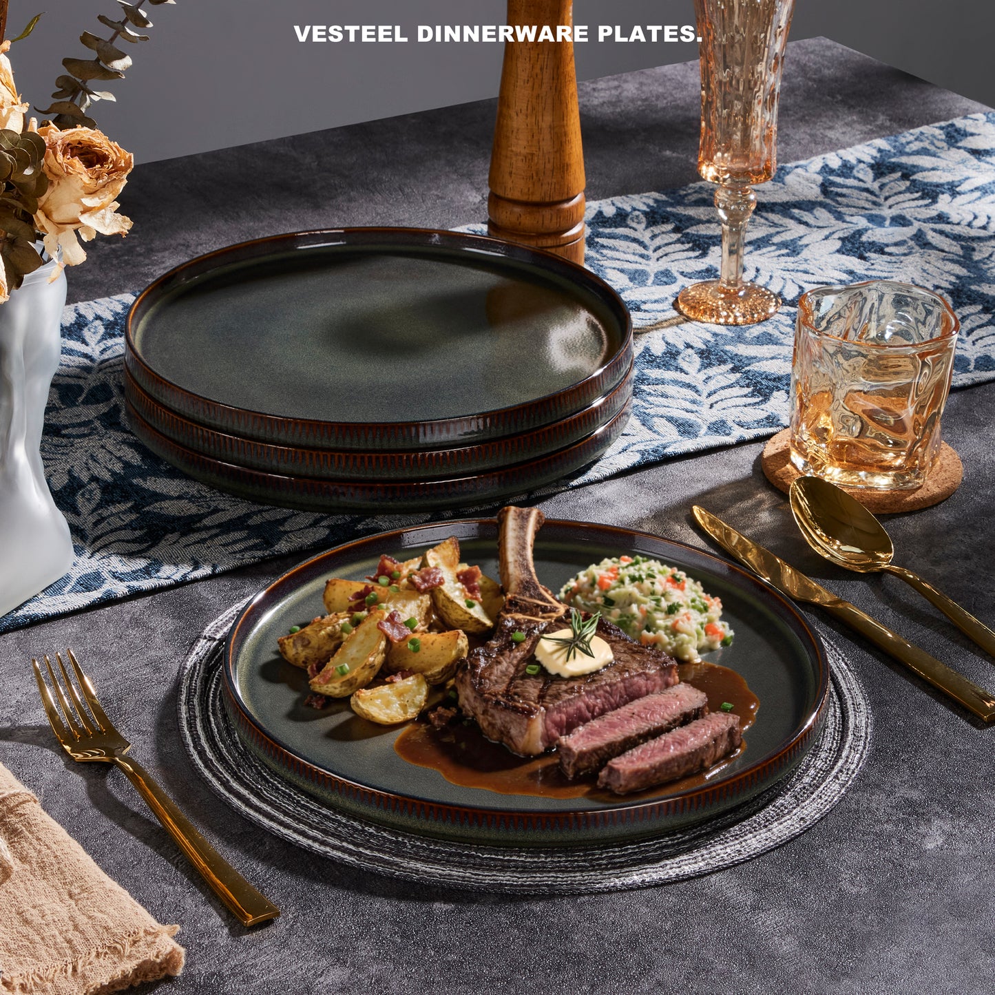 Vesteel 4 Pieces Dinner Plates Set, Premium Stoneware Ribbed Dishes, Chip & Scratch Resistant Ceramic Set for Home Restaurant, Microwave and Dishwasher Safe - Forest Green