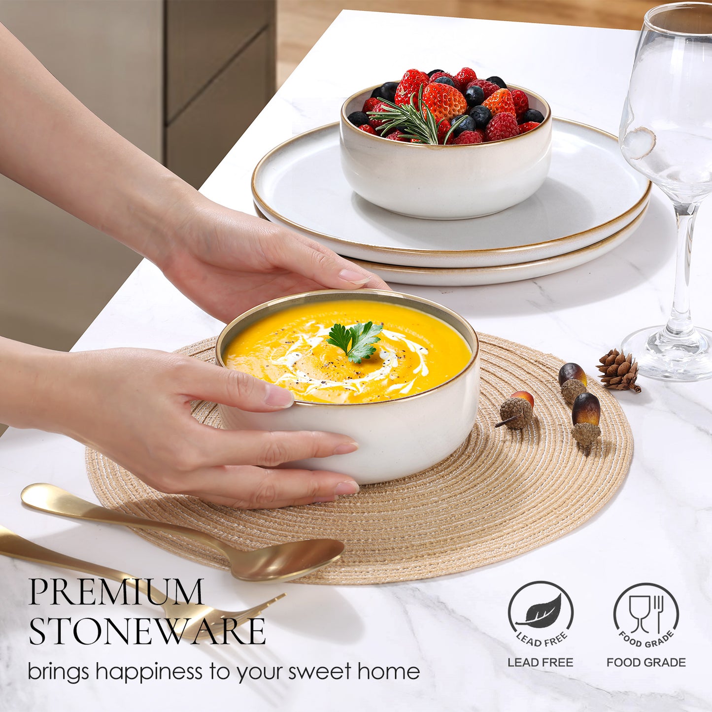 Vesteel Dinnerware Sets for 4, 12-Piece Stoneware Dish and Bowls Set, Handmade Reactive Glaze Coupe Plates Set for Family, Chip & Scratch Resistant - Seashell White