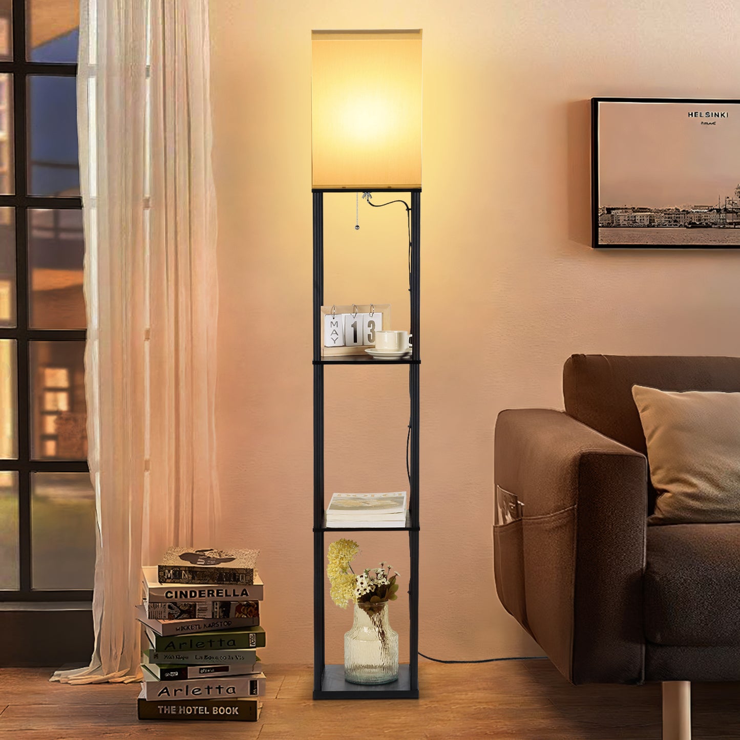 Vesteel Floor Lamp with 3-Tier Shelves, Standing Lamp with 3 Color Adjustable LED Bulb, Modern Square Lamp for Living Room Bedroom Office Kid Room