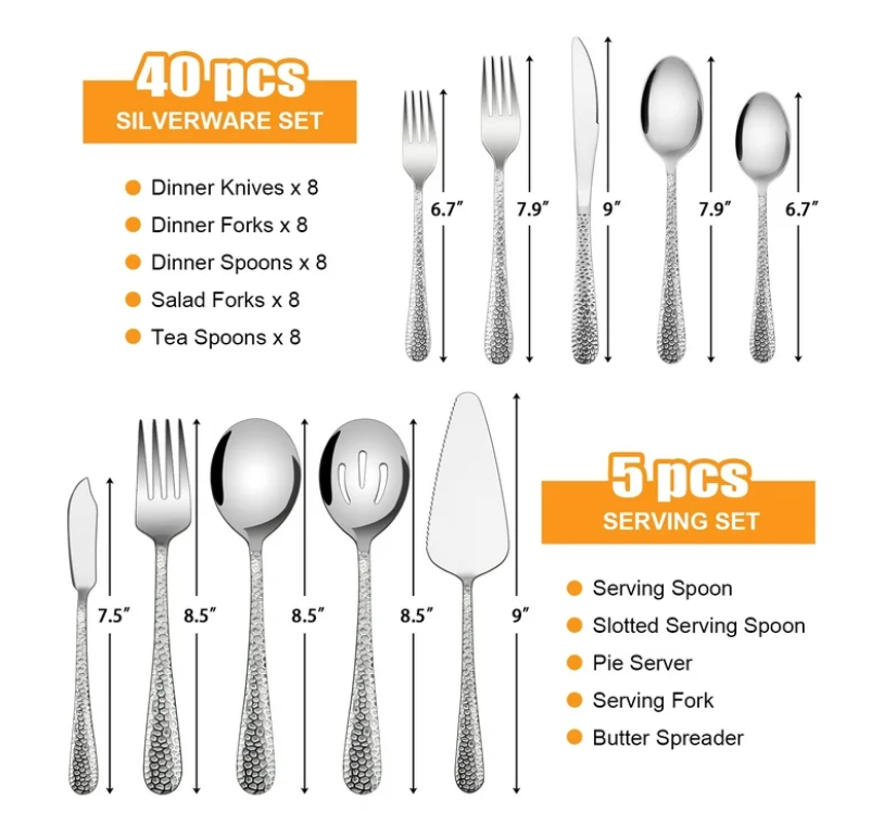 Vesteel 45-Piece Silverware Set with Serving Utensils, Stainless Steel Hammered Flatware Cutlery Set for 8 Include Forks Knives Spoons, Heavy Duty & Mirror Polished