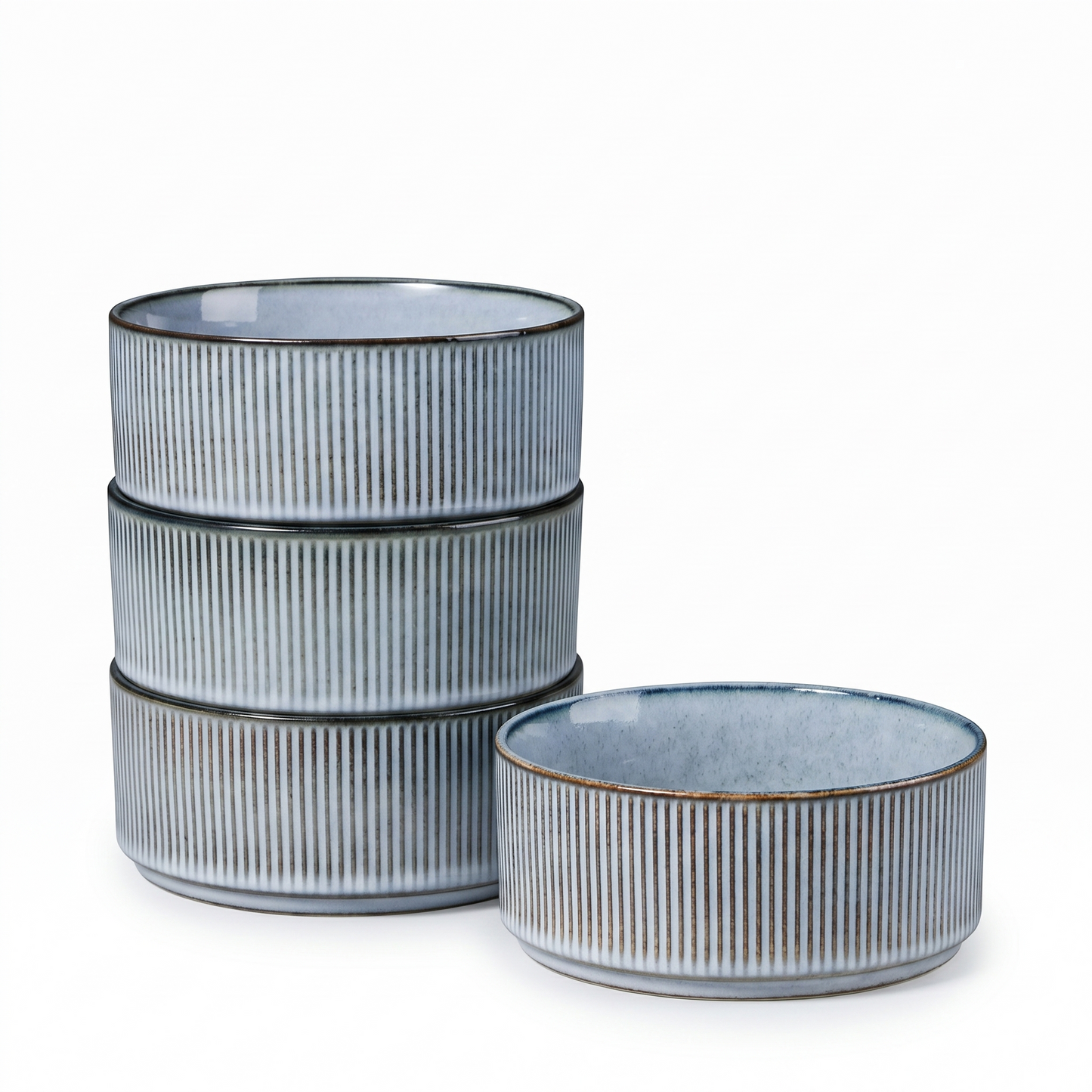 Vesteel Cereal Bowl for 4, 26oz Stoneware Soup Bowls with Textured Stripes, 4-Piece Ceramic Kitchen Bowls for Salad Fruit Pasta Soup, Dishwasher Safe & Microwave Safe, Smoky Blue