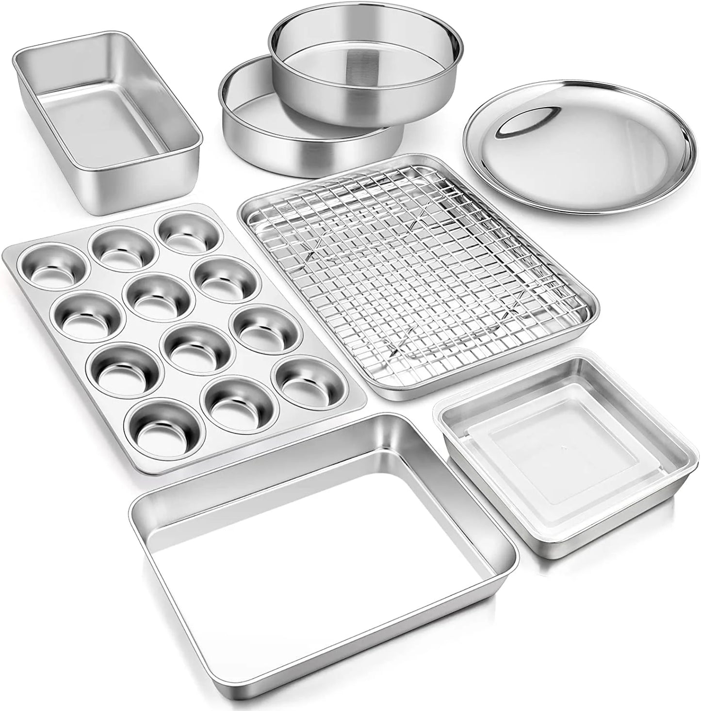10 Piece Baking Pans Set, Vesteel Stainless Steel Bakeware Set for Oven, Include Cake Pan/Baking Cookie Sheet/Pizza/Muffin/Loaf Pan, Non-Toxic & Heavy Duty, Dishwasher Safe