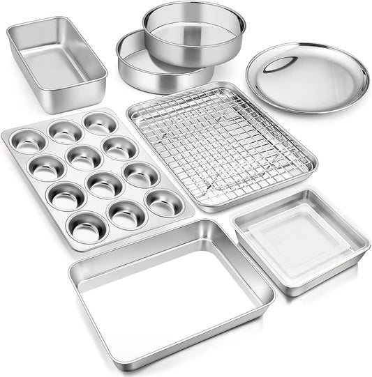 10 Piece Baking Pans Set, Vesteel Stainless Steel Bakeware Set for Oven, Include Cake Pan/Baking Cookie Sheet/Pizza/Muffin/Loaf Pan, Non-Toxic & Heavy Duty, Dishwasher Safe