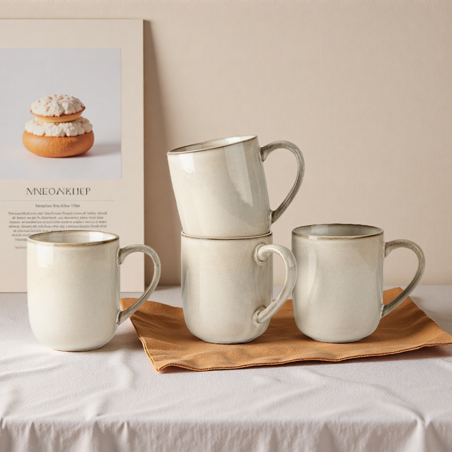 Onader 14OZ Coffee Mugs Set of 4, Stoneware Coffee Mugs Set with Handle, Ceramic Coffee Cups for Latte/Tea/Cappuccino, Dishwasher & Microwave Safe - Khaki