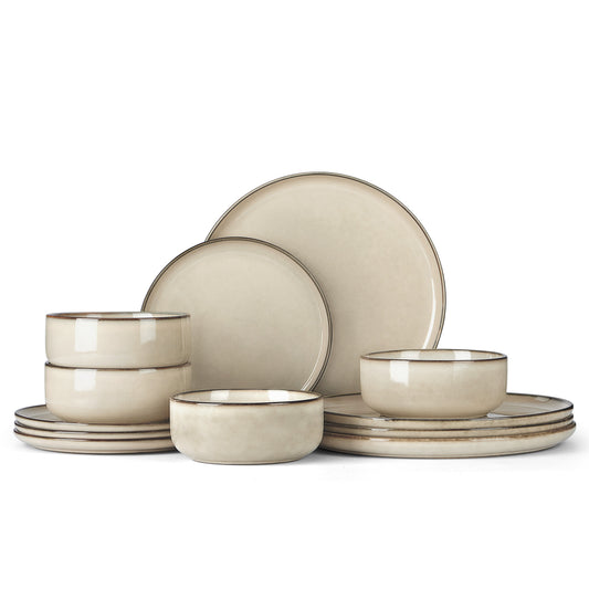 Vesteel Dinnerware Sets for 4, 12-Piece Stoneware Dish and Bowls Set, Handmade Reactive Glaze Coupe Plates Set for Family, Chip & Scratch Resistant - Khaki