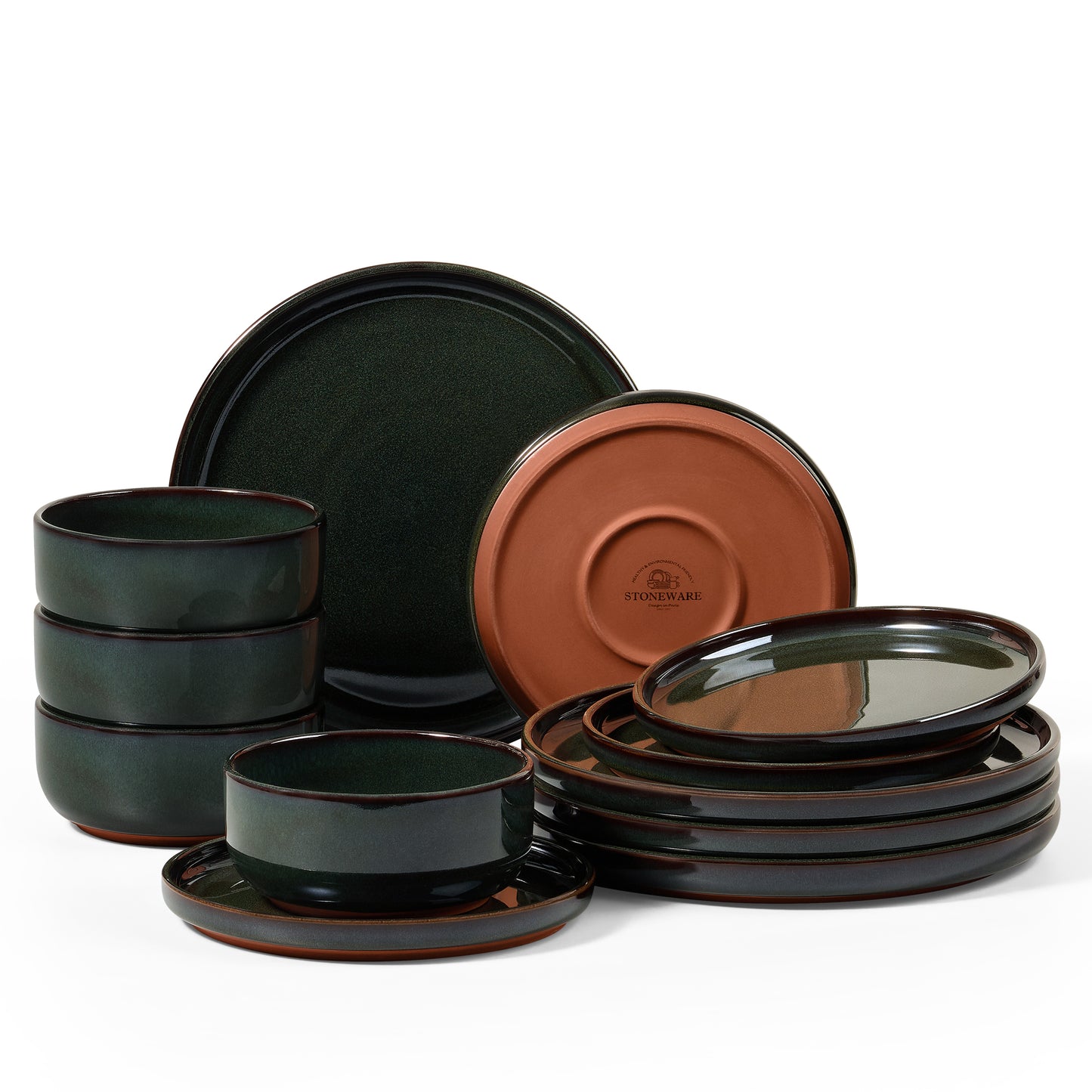 Vesteel 12-Piece Dinnerware Set, Ceramic Plates and Bowls Set for 4, Reactive Glaze Tableware Set with Purple Clay Base for Home, Chip & Scratch Resistant Stoneware, Black Green
