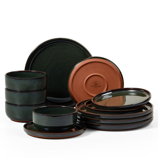 Vesteel 12-Piece Dinnerware Set, Ceramic Plates and Bowls Set for 4, Reactive Glaze Tableware Set with Purple Clay Base for Home, Chip & Scratch Resistant Stoneware, Black Green