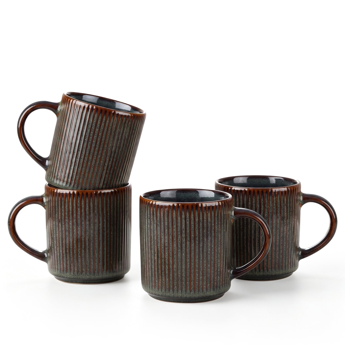 Onader 4-Pieces Coffee Mugs Set, Water Cups with Large Handle, 12 oz Ceramic Mugs Suitable for Tea Milk Latte, Stain-Resistant & Microwave Safe, Blackish Green