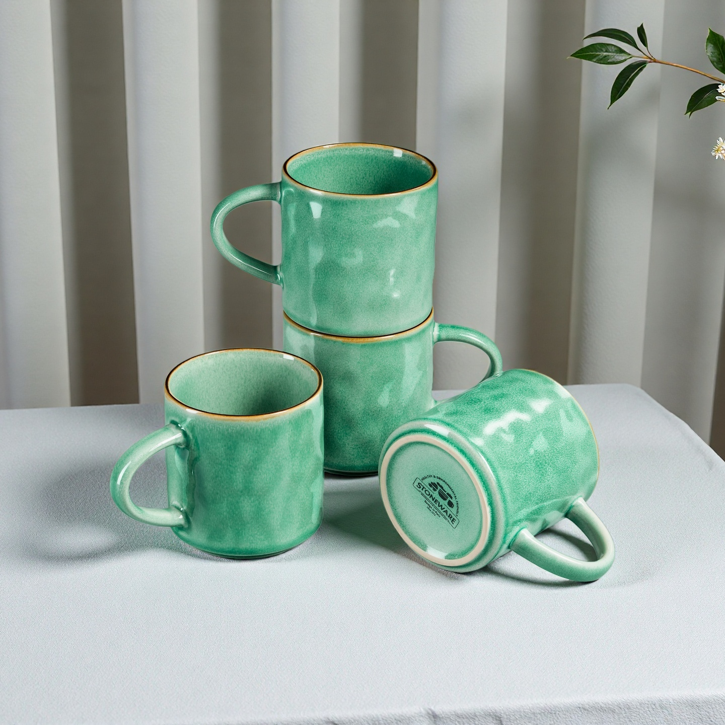 Onader 14OZ Coffee Mugs Set of 4, Stoneware Tea Mug Set with Handle, Ceramic Cups for Latte/Cocoa/Cappuccino, Dishwasher & Microwave Safe - Reactive Green