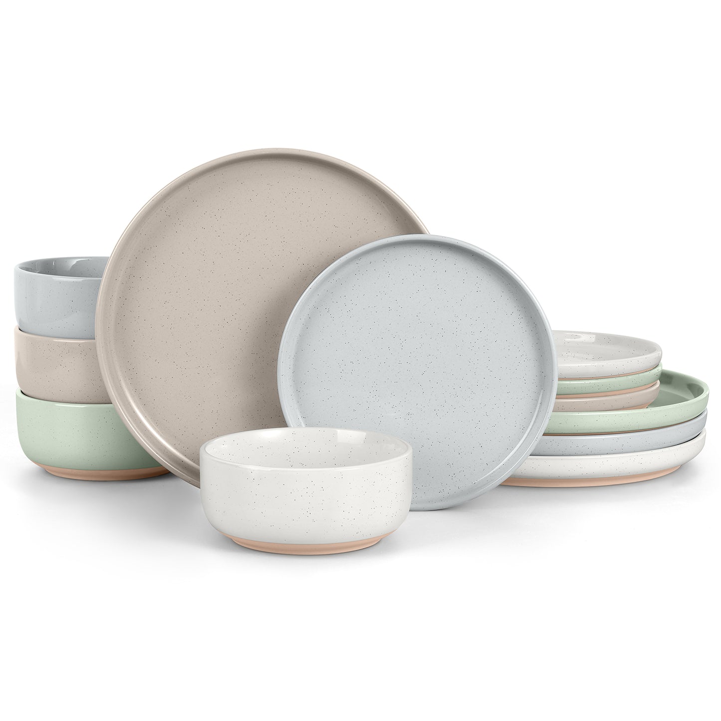 Vesteel 12-Piece Dinnerware Set, Ceramic Plates and Bowls Set for 4, Speckled Stoneware Dishes Set with Makeup Clay for Family, Microwave & Dishwasher Safe - Multi-Color