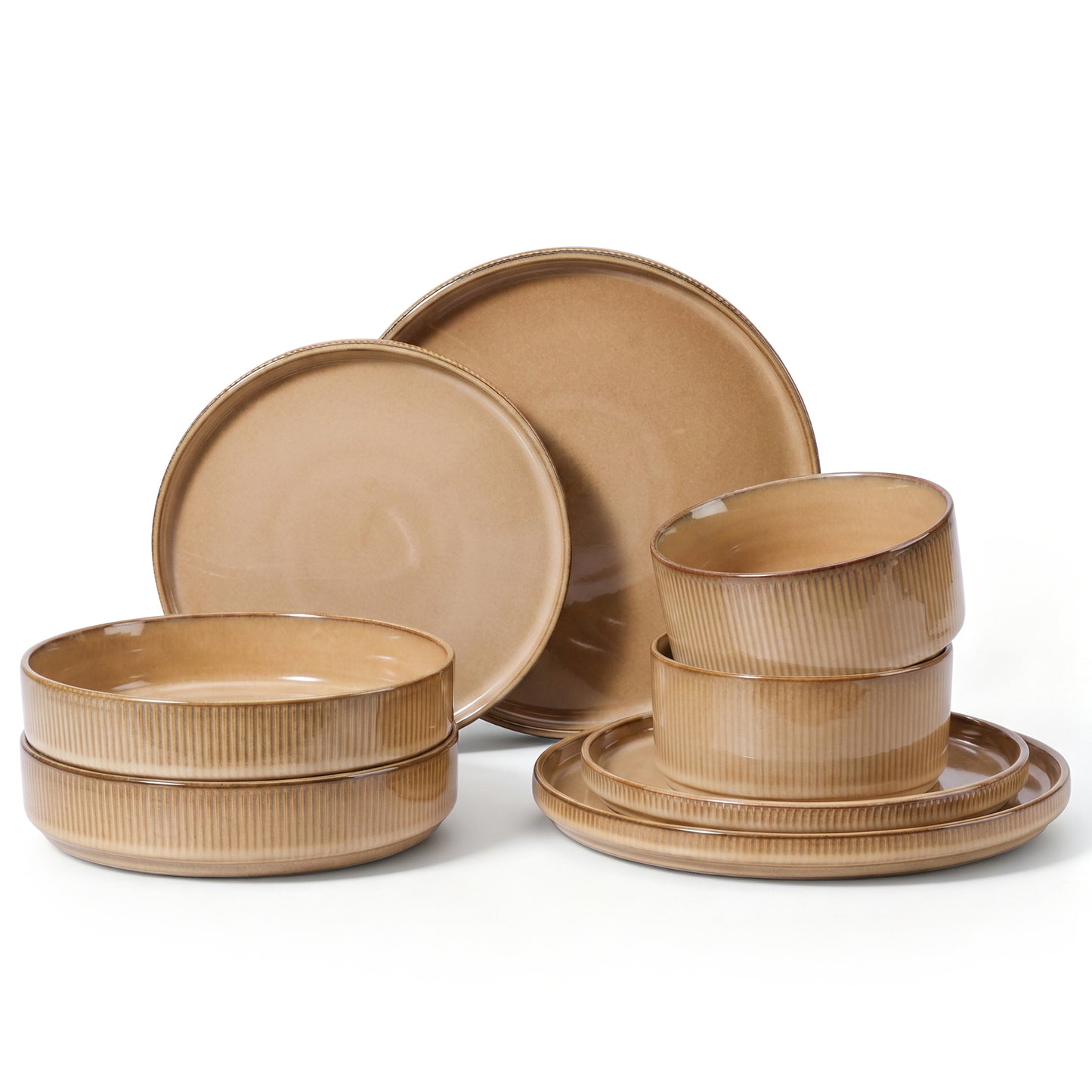 Onader 8-Piece Stoneware Dinnerware Set, Vertical Striped Reactive Glaze Plates and Bowls Sets for the Kitchen, Microwave & Dishwasher Safe, Khaki
