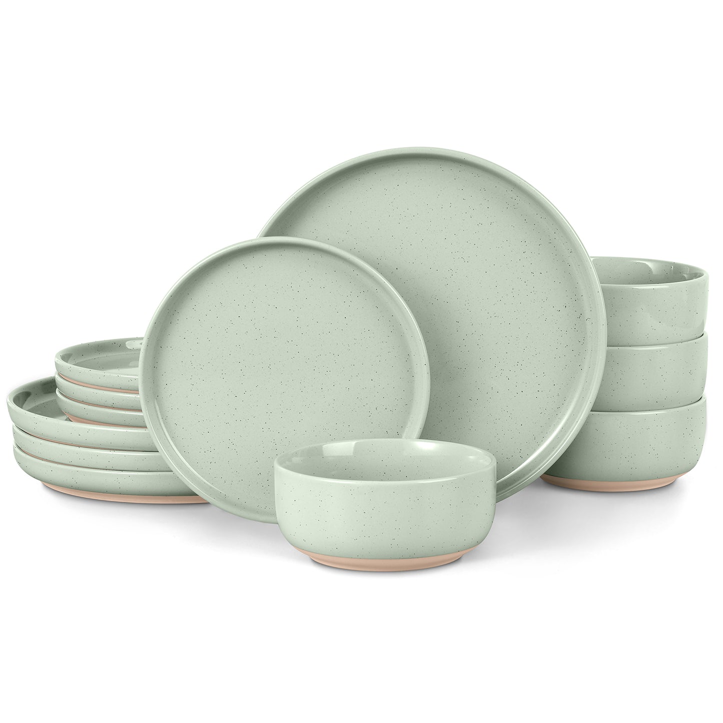 Vesteel 12-Piece Dinnerware set, Ceramic Plates and Bowls set for 4, Speckled Stoneware Dishes Set for Family, Microwave & Dishwasher Safe - Light Green