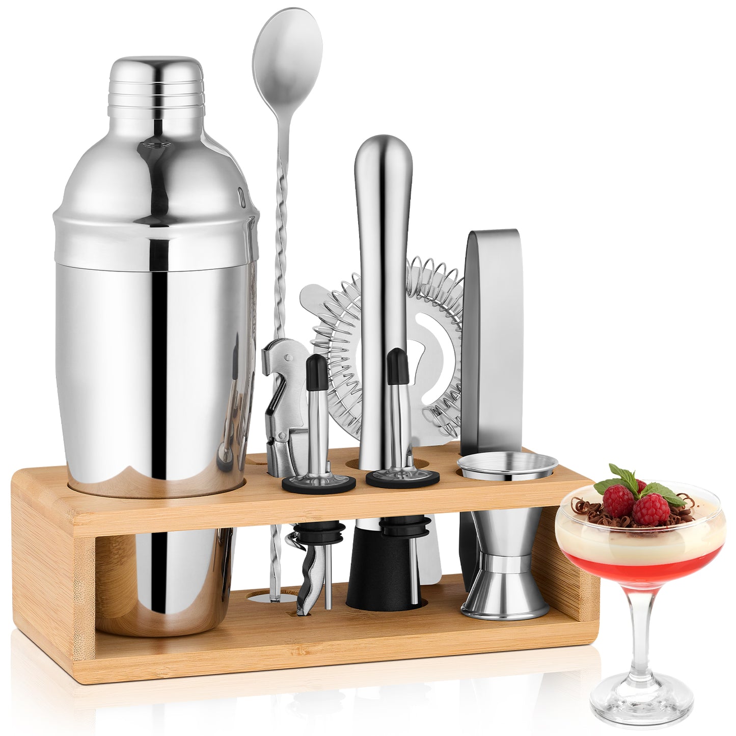 Vesteel Cocktail Shaker Set, 10Pcs Mixology Bartender Kit with Bamboo Stand, Bar Tool Set for Cocktail with Shaker, Jigger & Muddler, Bar Set, Silver