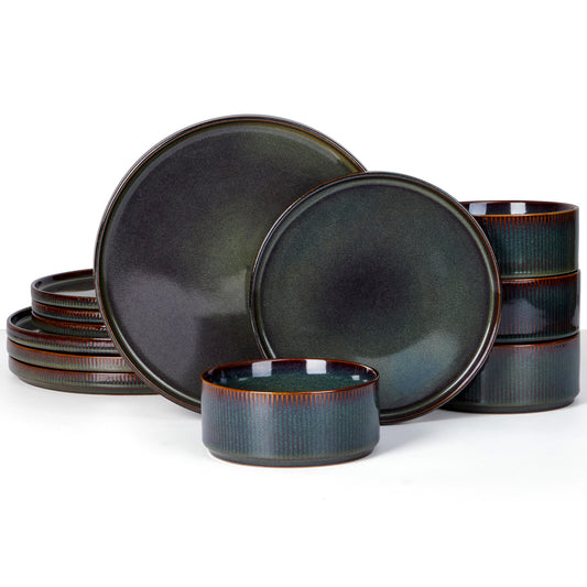 Vesteel Dinnerware Set for 4, 12-Piece Premium Stoneware Ribbed Dishes with Reactive Glaze, Chip & Scratch Resistant Plates and Bowls Set for Home Restaurant, Microwave and Dishwasher Safe - Green