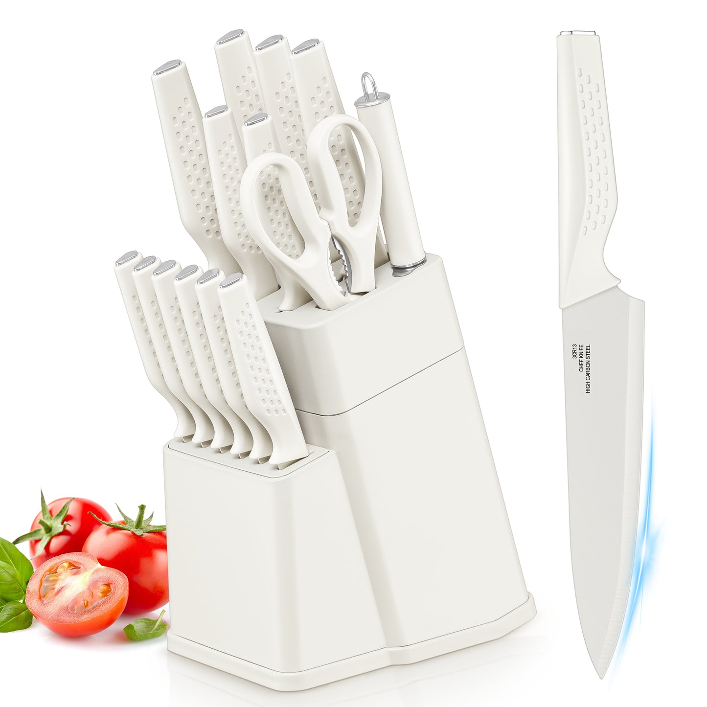 Vesteel Knife Block Set for Kitchen, 15-Piece High Carbon Stainless Steel Knives Set with Ergonomic Handle, Ultra-sharp & Rust Resistant, White
