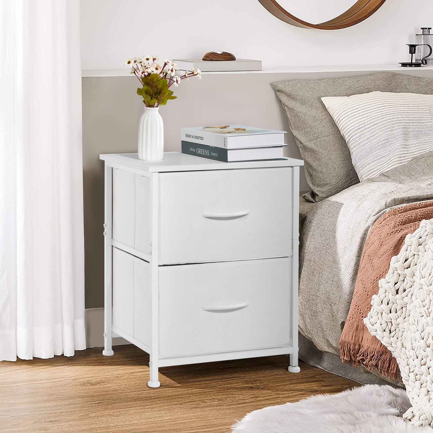 Vesteel Nightstand, 2 Drawers Dresser with Wood Top and Sturdy Steel Frame, Fabric End Table Bedside Furniture Dresser for Bedroom Closet Dorm - White