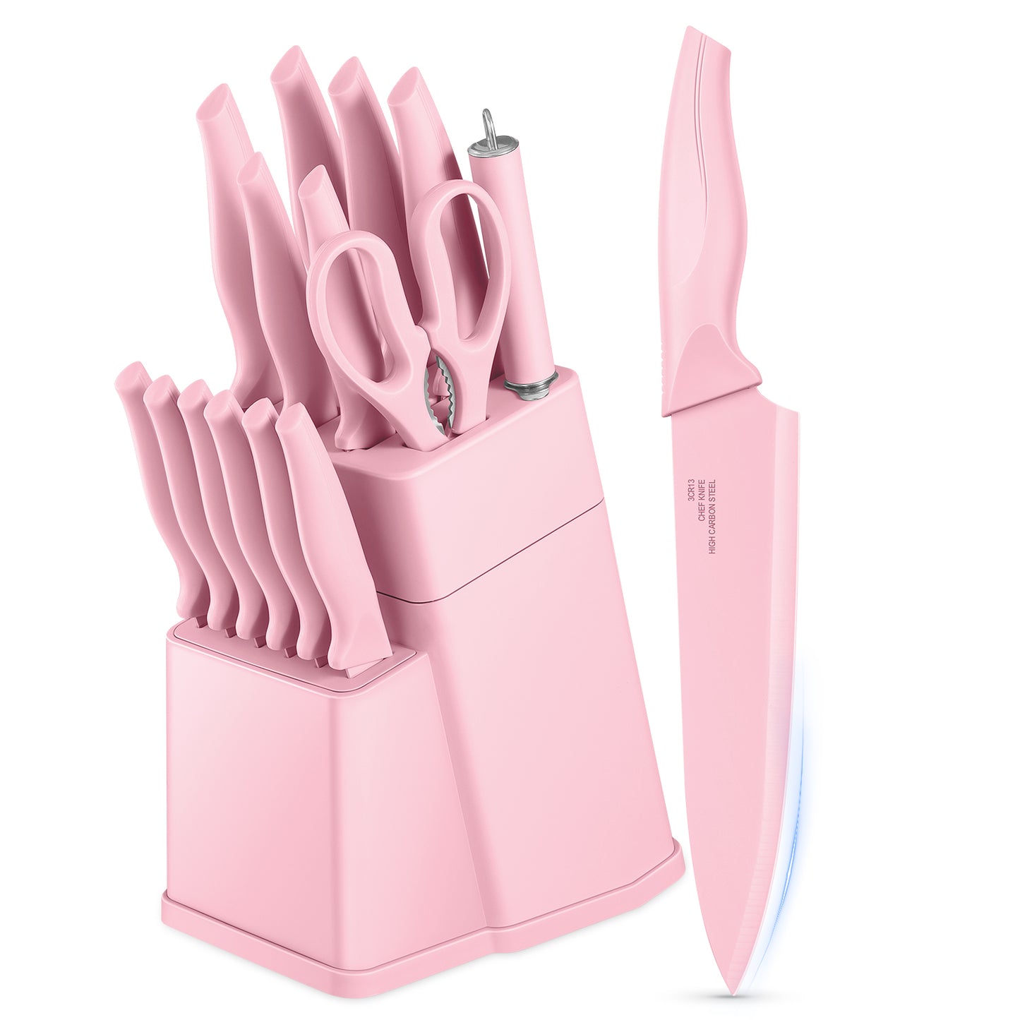 Vesteel Knife Set for Kitchen with Block, 15 Pcs Stainless Steel Kitchen Knives Set with Sharpener Kitchen Shears - Pink