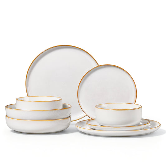 Onader 8-Piece Dinnerware Set, Ceramic Plate and Bowls Set for 2, Double Reactive Glaze Stoneware Dishware for Kitchen Restaurant, Microwave & Dishwasher Safe - Seashell White