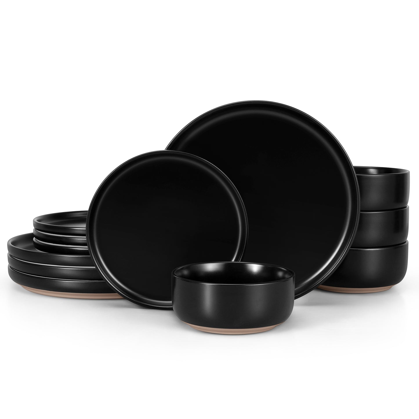 Vesteel 12-Piece Dinnerware set, Ceramic Plates and Bowls set for 4, Speckled Stoneware Dishes Set for Family, Microwave & Dishwasher Safe - Matte Black