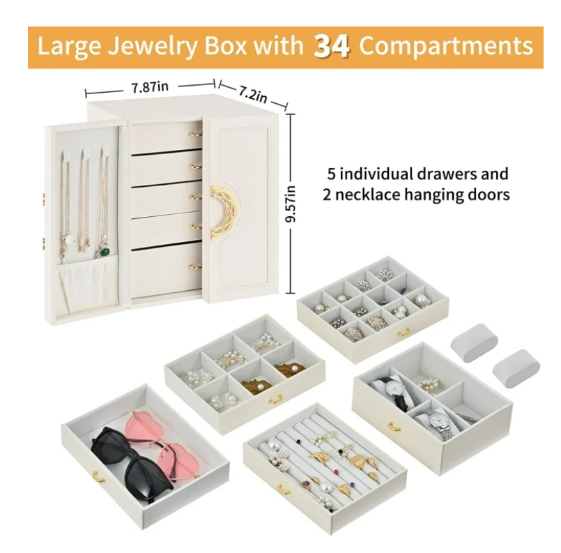 Vesteel Jewelry Box for Women Girl, 5-Layer Large Jewelry Organizer Leather Jewelry Storage Case for Rings Necklaces Earrings Watches, Perfect Gift for Thanksgiving Christmas (White)