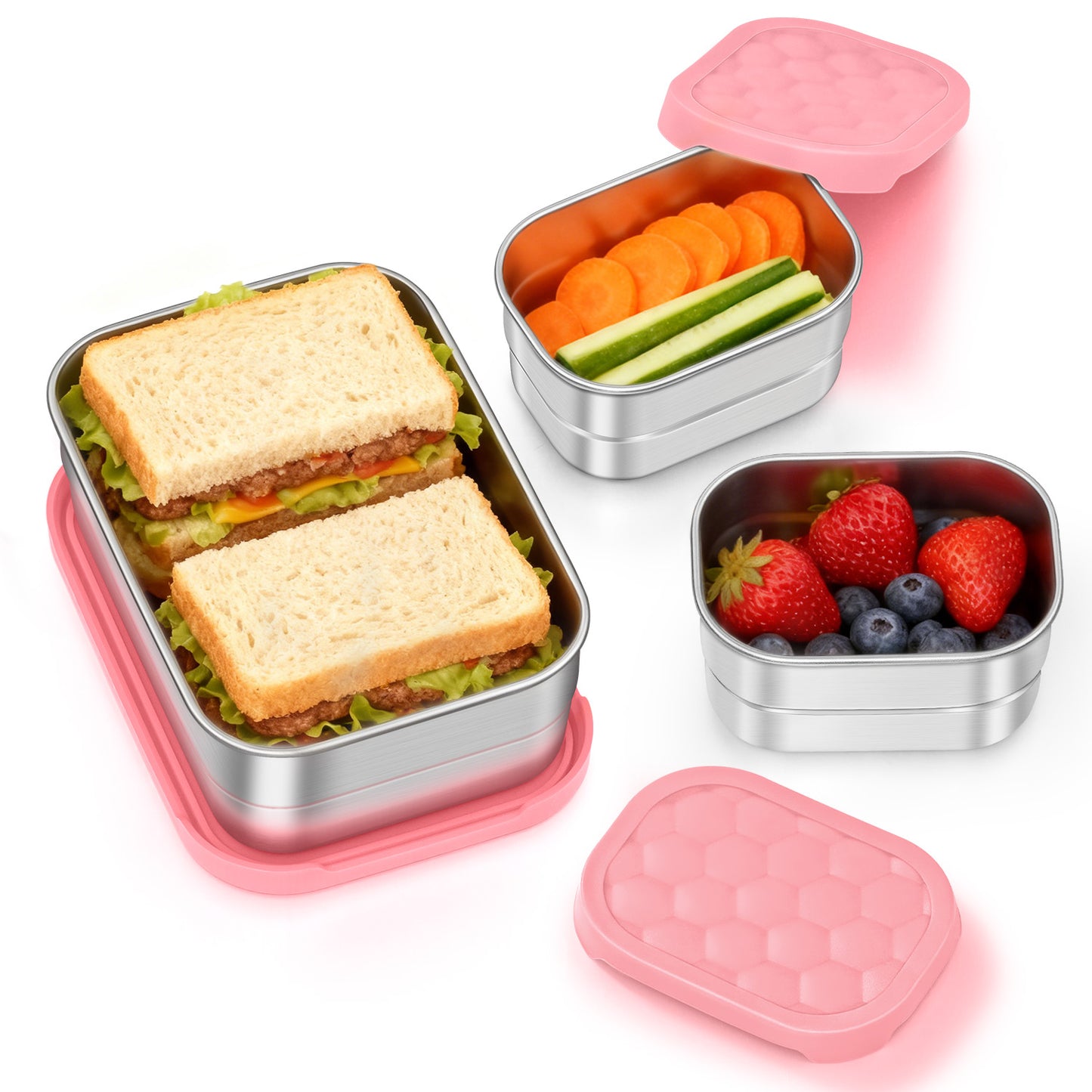 Vesteel Stainless Steel Lunch Container Set, Leak Proof Bento Box with Silicone Lids, Portable Metal Lunch Box for School and Daycare(25OZ + 8OZ*2), Pink