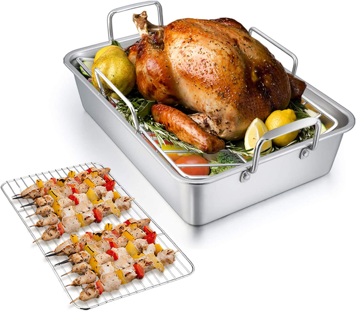 VeSteel Roasting Pan with Rack, Stainless Steel Turkey Roaster Include Deep Lasagna Pan & V-Shaped Rack & Roasting Rack, Heavy Duty & Dishwasher Safe - 17'' x 11.5'' x 5.5''