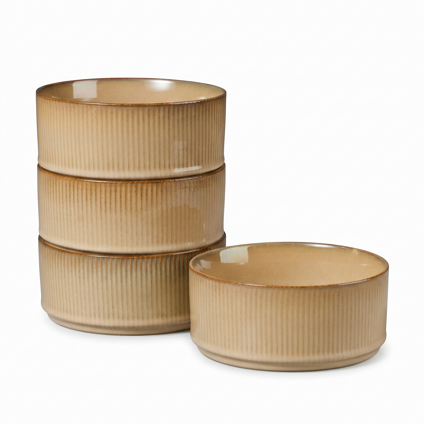 Vesteel Cereal Bowl for 4, 26oz Stoneware Soup Bowls with Textured Stripes, 4-Piece Ceramic Kitchen Bowls for Salad Fruit Pasta Soup, Dishwasher Safe & Microwave Safe, Khaki