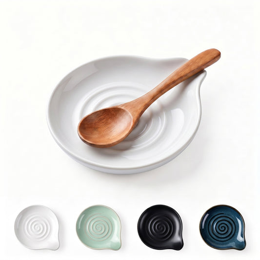 Vesteel Ceramic Spoon Rest, 5.1 inch Kitchen Teardrop Spoon Holder for Countertop, Utensil Rest for Spatula Ladle Tongs, Stove Top Spoon Tray, Heat-Resistant & Dishwasher Safe, Ivory White