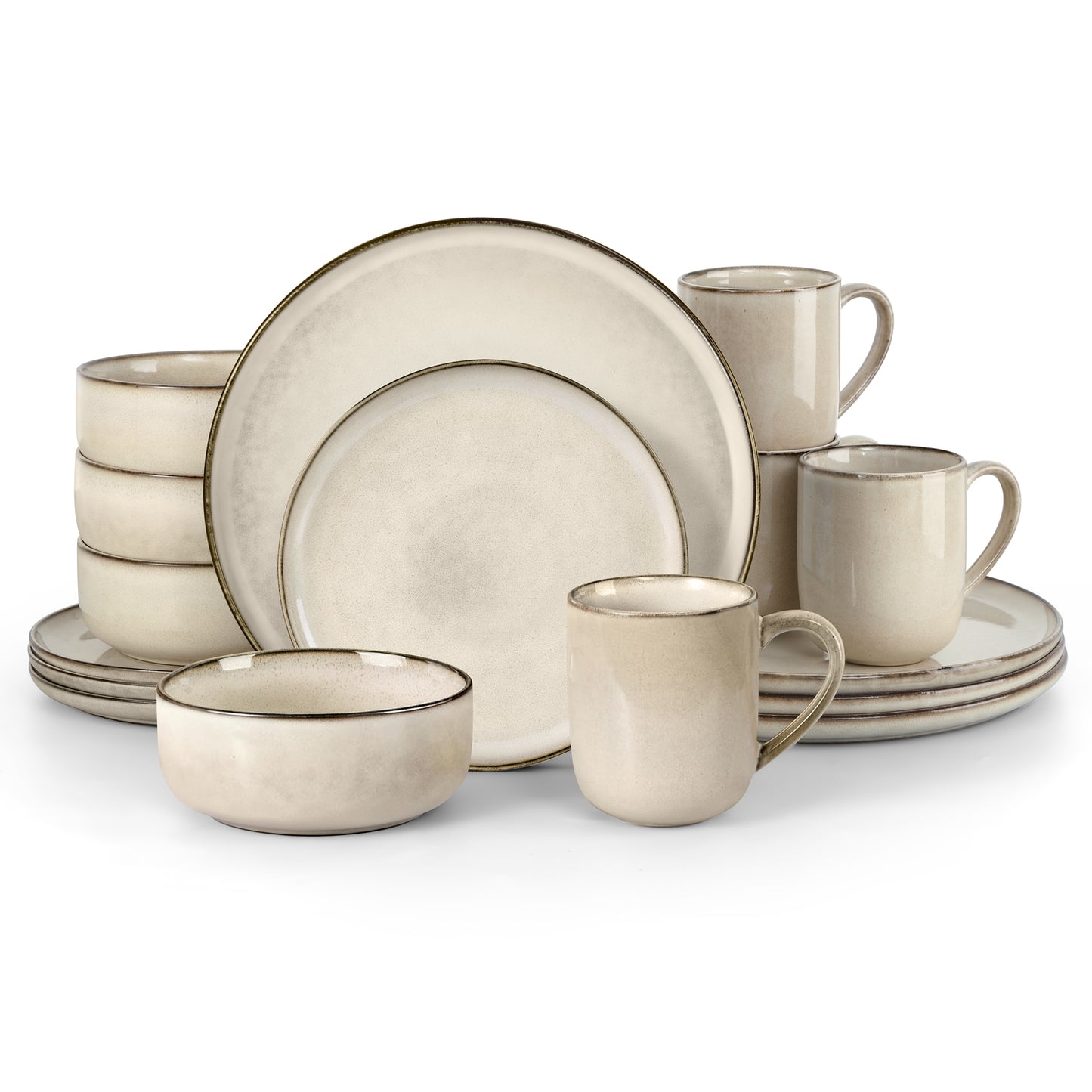 Vesteel Dinnerware Sets for 4, 16-Piece Stoneware Dish and Bowls Set, Handmade Reactive Glaze Coupe Plates Set, Chip & Scratch Resistant - Khaki