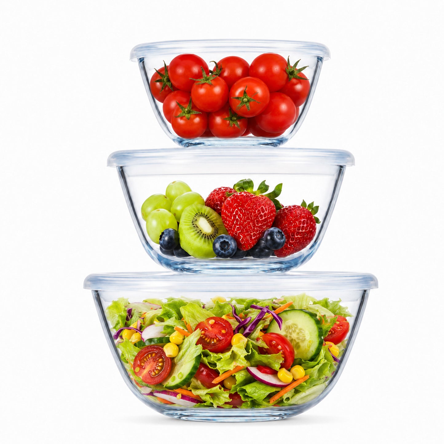 Vesteel 3Pcs Glass Mixing Bowls with Lids Set (0.8QT, 1.7QT, 2.9QT), Nesting Kitchen Salad Bowls with Airtight Vent Lid for Cooking Baking Prepping, Dishwasher, Microwave & Freezer Safe