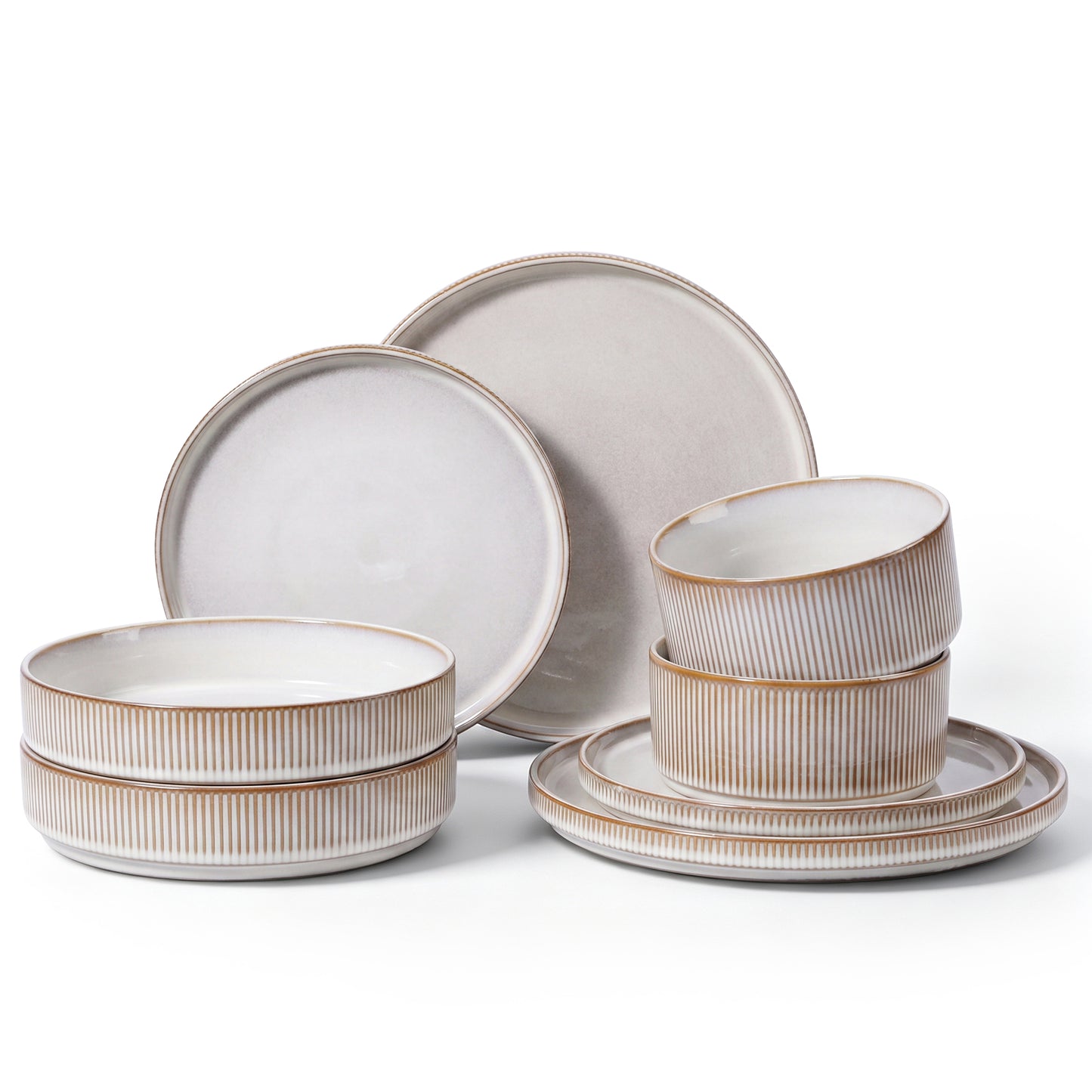 Onader 8-Piece Stoneware Dinnerware Set, Vertical Striped Reactive Glaze Plates and Bowls Sets for the Kitchen, Microwave & Dishwasher Safe, Beige