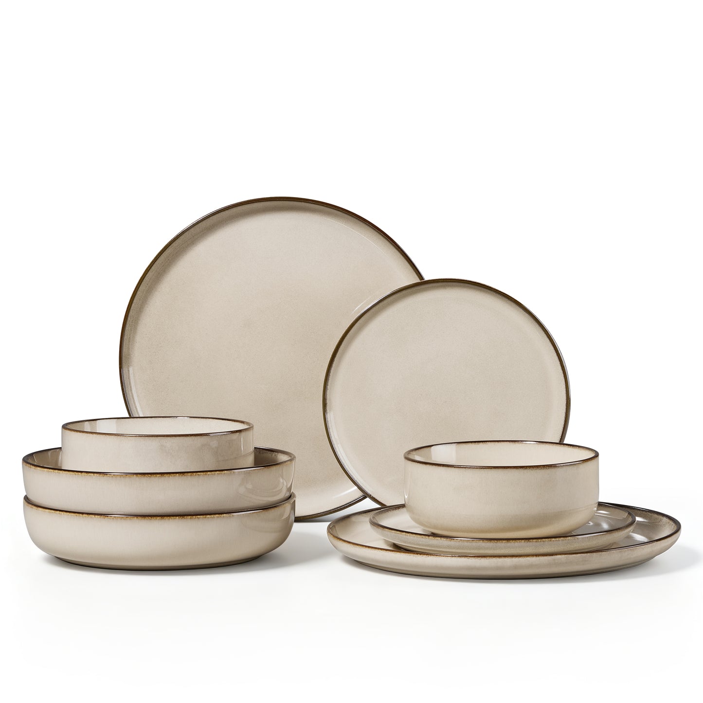 Onader 8-Piece Dinnerware Set, Ceramic Plate and Bowls Set for 2, Double Reactive Glaze Stoneware Dishware for Kitchen Restaurant, Microwave & Dishwasher Safe - Khaki