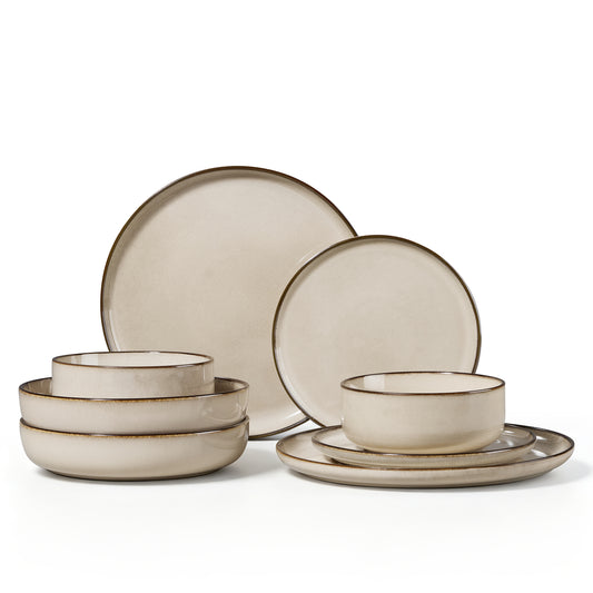 Onader 8-Piece Dinnerware Set, Ceramic Plate and Bowls Set for 2, Double Reactive Glaze Stoneware Dishware for Kitchen Restaurant, Microwave & Dishwasher Safe - Khaki