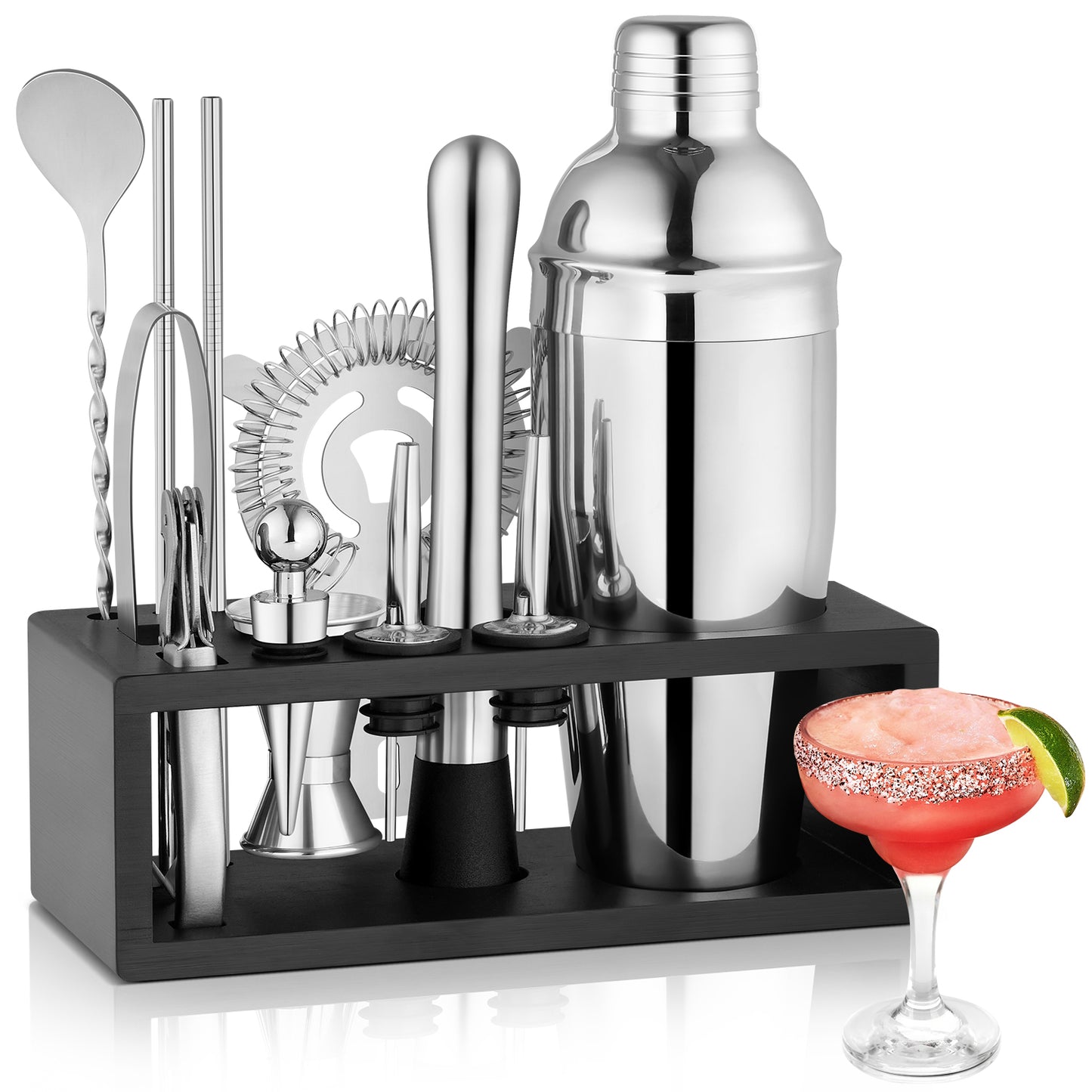 Vesteel 13-Piece Cocktail Shaker Set, Mixology Bartender Kit with Bamboo Stand, Bar Tool Set for Cocktail with Shaker, Jigger & Muddler, Bar Set, Silver