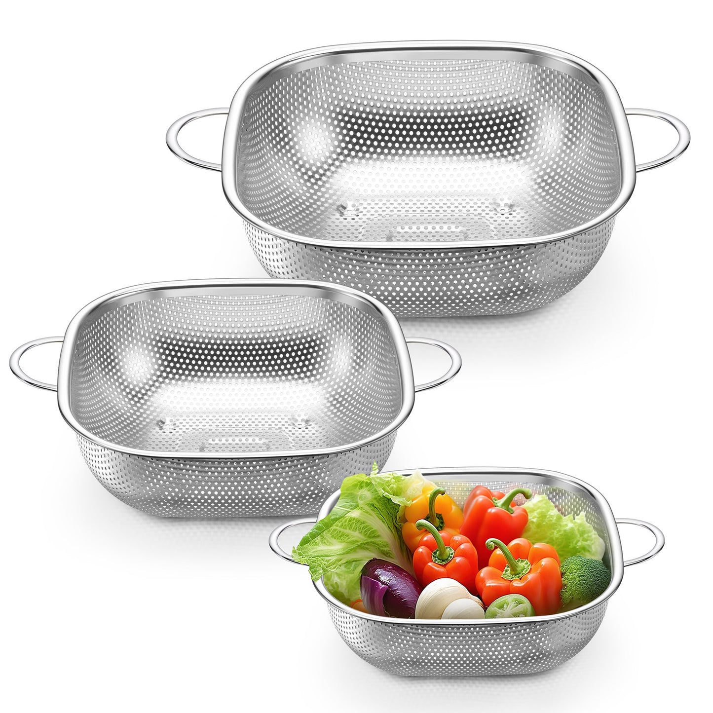 Vesteel Stainless Steel Square Colander Set of 3 (2QT + 3QT + 5QT), Nesting Strainer Baskets with Sturdy Handles, Metal Colanders for Washing, Draining & Rinsing Fruits, Vegetables, Pasta