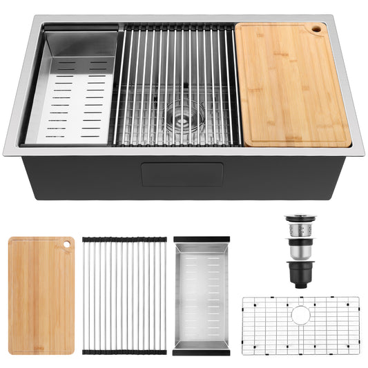 Vesteel Stainless Steel Kitchen Sink, 33” x 19” Undermount Sink 10” Deep Single Bowl Workstation Sink Basin with Sink Accessories